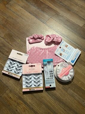 Pink Cozy Headband & Scrunchie Set with False Lashes and Press-On Nails